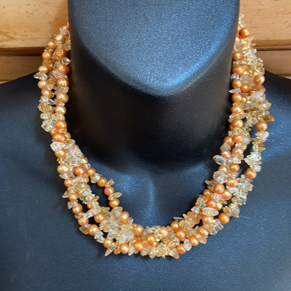 Vintage orange pearls citrine multi strand beads beaded necklace Sterling Silver